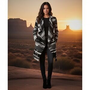 GUEST EDITOR Open Front Wool Jacket Black Gray Aztec Southwestern Western Small
